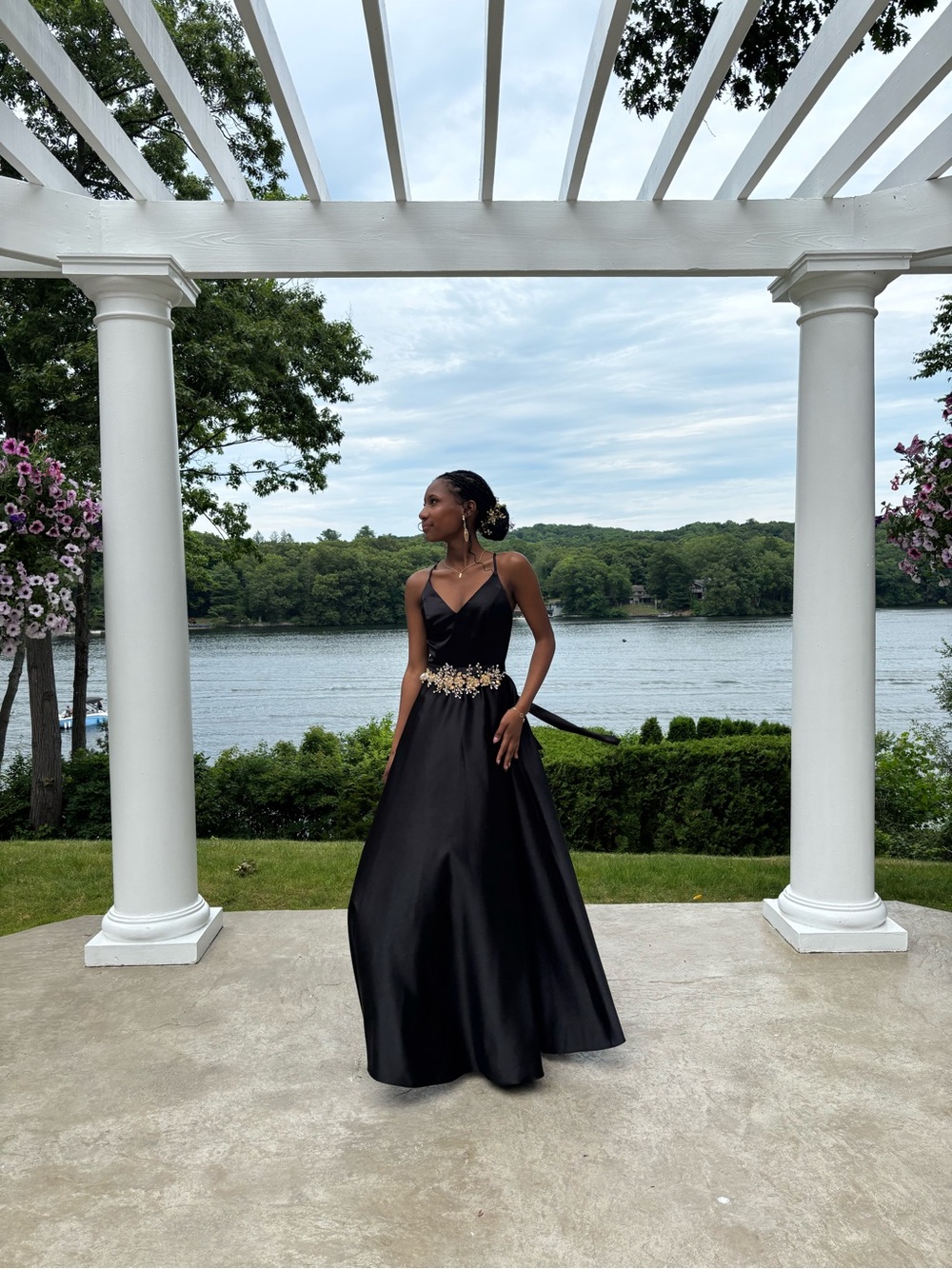 Black Spaghetti-Strap Prom Gown with Gold Embellished Waist
